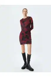 Tulle Dress Mini Draped Batik Patterned Crew Neck Long Sleeve Slim Fit