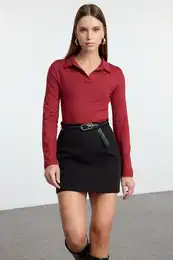 Claret Red Soft Touch Fitted/Fits the Body Long Sleeve Flexible Knitted Bodysuit