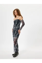 Strapless Tulle Dress Long Lined Abstract Patterned Long Sleeves