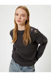 Ripped Knitwear Sweater Crew Neck Acrylic Blended