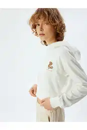 Hooded Crop Sweatshirt Pajama Top Teddy Bear Embroidered Cotton Three Thread