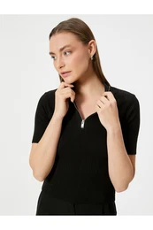 Short Sleeve Textured Half Zipper Polo Neck Knitwear Sweater