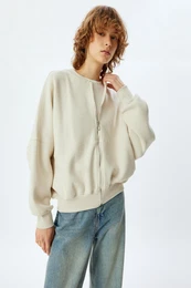 Oversize Zippered Sweatshirt with Stitched Detail and Crew Neck