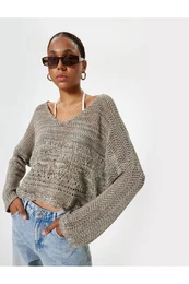 Openwork Sweater V Neck Bell Sleeve Acrylic Blend
