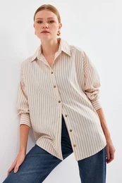 20208 Striped Oversize Long Basic Shirt - Cream