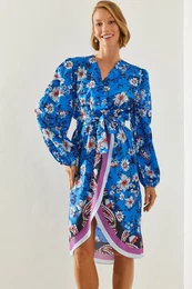 Women's Double Breasted Floral Patterned Asymmetric Cut Belted Dress 22181