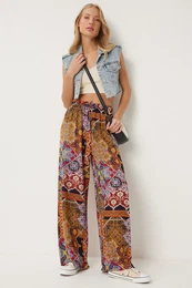 Happiness stanbul Women's Mustard Tile Patterned Flowy Viscose Palazzo Trousers