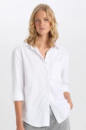 Oversize Wide Fit Pocket Basic Plain Poplin Long Sleeve White Shirt