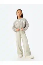Crop Sweatshirt Oversize Slogan Printed Crew Neck Raised Cotton Blend