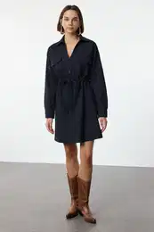 Navy Blue Waist Tunnel Detailed Mini Woven Dress