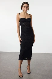 Black Lining Lace Knitted Midi Dress