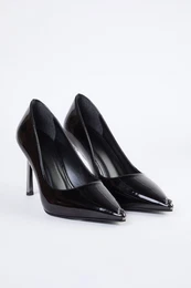 Black Toe Stone Metal Heel Women's Thin Heel Stiletto Shoes