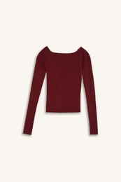 Fitted Open Shoulder Basic Plain Burgundy Knitwear Sweater