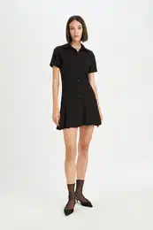 Polo Neck Basic Plain Short Sleeve Pleated Mini Dress