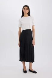 A-Line High Waist Pleated Basic Plain Satin Maxi Skirt