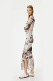 Transparent Dress Lined Maxi Length Long Sleeve Slit Detail