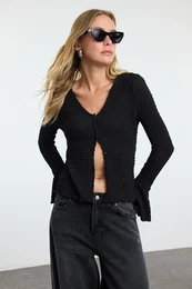 Black Textured Fitted/Body-Sit V-Neck Flexible Knitted Blouse