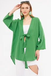 Women's Green Linen Look Front Tie Kimono Shirt
