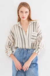 Women's Khaki Long Sleeve Pocket Detailed Back Pleated Striped Oversize Shirt