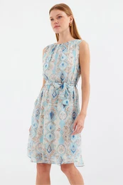 2501 Patterned Zero Sleeve Chiffon Dress - Blue