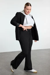 Curve Black High Waist Bow Detailed Ribbed KnittedEmbroidered Plus Size Leggings