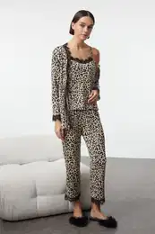 Leopard 3-Pack Lace and Lace Rope Strap Ribbed Knitted Pajama Set