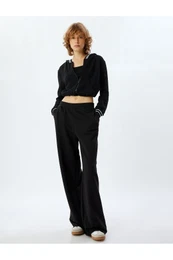 Crop Sweatshirt Zippered Hooded Openwork Long Sleeve Piping
