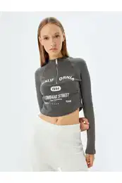 Crop T-Shirt Long Sleeve Half Zipper Slogan Printed Slim Fit
