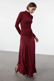 Burgundy Fitted/Fits the Body Stand Collar Long Sleeve Flexible Maxi Knit Dress