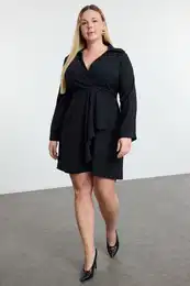 Curve Black Double Breasted Closure Back Gipel Flexible Woven A-Line Plus Size Dress