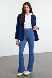 Indigo Ribbed Detail High Waist Flare Soft Touch Trousers