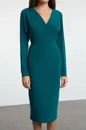 Emerald Green Plain Midi Batwing Sleeve Detailed Fitted Elastic Midi Knit Dress