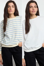Ecru-Blue Striped 2-Pack Regular/Normal Pattern Knitted Sweatshirt