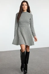 Black Tweed Crew Neck Skater/Waist Open Flounce Mini Knit Dress