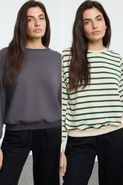 Anthracite-Green Striped 2-Pack Regular/Normal Pattern Knitted Sweatshirt