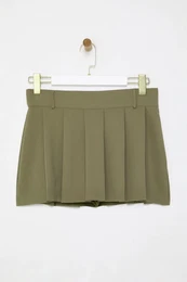Khaki Pleated Mid Waist Super Mini Woven Shorts Skirt