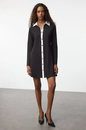 Black Color Block Button Detailed Mini Knit Dress