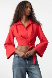 Red Tie Detail Regular Regular Pattern Woven Shirt