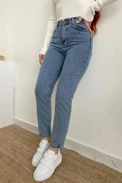 14924 Mom Jeans High Waist Detail Boyfriend Jeans-DARK BLUE