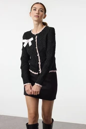 Black Ribbon Detailed Beaded Knitted Cardigan