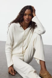 Ecru Brushed Soft Ribbed Cardigan Knitted Pajama Set