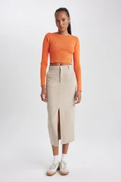 Slit Gabardine Midi Skirt