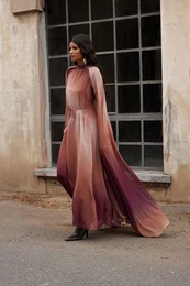 X AI Brown Gradient Cape Evening Dress