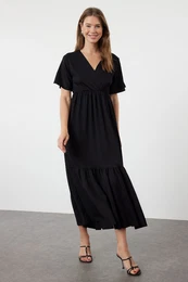 Black Plain Maxi Double Breasted Skirt Ruffle Textured Short Sleeve Flexible Knitted Maxi Dress Knit Dress