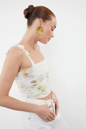 Green Abstract Link Detail Square Neck Fitted/Fits Crop Flexible Knit Blouse