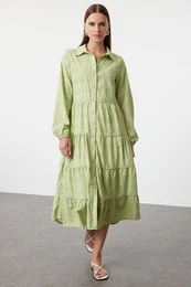 Green Plain Embroidery Midi Shirt Woven Dress