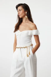 White Carmen Collar Ruffle Detailed Stud Knitted Body