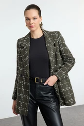 Khaki Oversize Tweed Woven Blazer Jacket