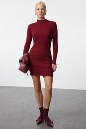 Burgundy Mini Knitted Bodycon Dress