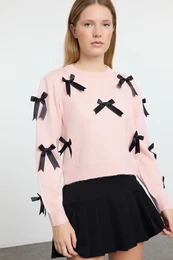 Pink Soft Textured Ribbon/Bow Detailed Knitwear Sweater